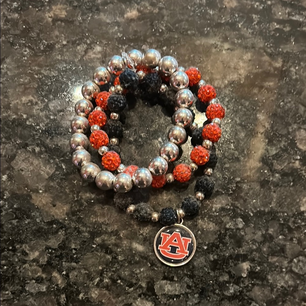 Silver and Orange Beaded Bracelet Set with Charm